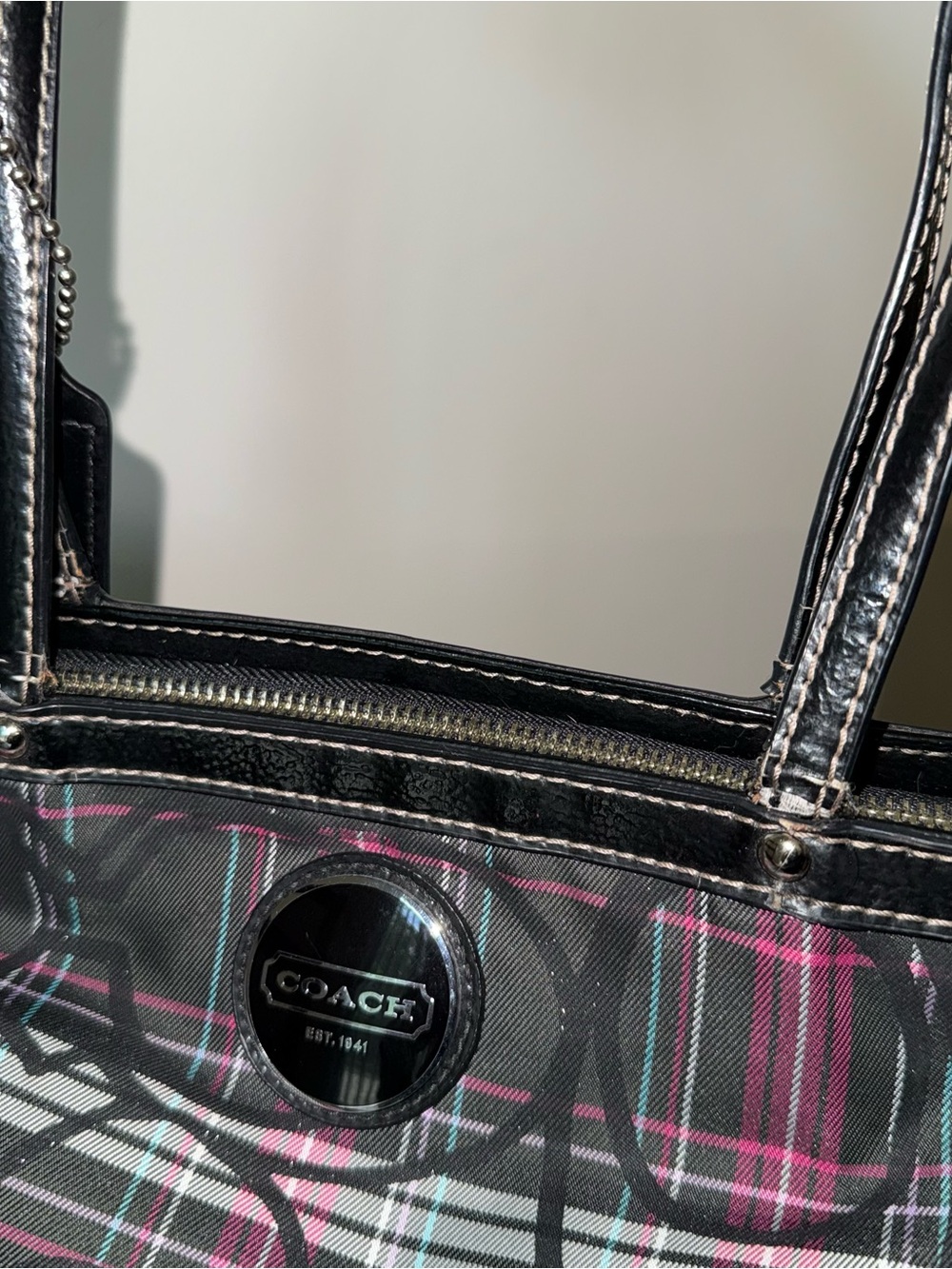 Coach Plaid Logo Tote in Black and Purple - Picture 8 of 11